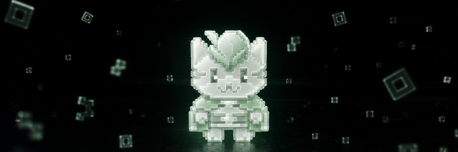 Pons Cat crossing a dark field of floating glass pixels